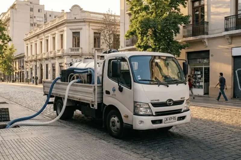 Camión limpiafosas de Full Fosas detenido en una calle de Santiago (foto referencial)